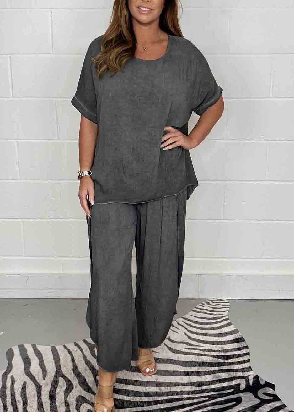 Oversized Two Color Side Open Casual Pieces Set Linen Solid FashionChic