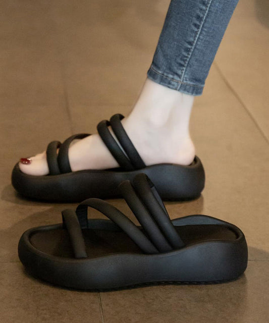 Sandals Slide Casual Faux Leather Black Splicing Platform FashionChic