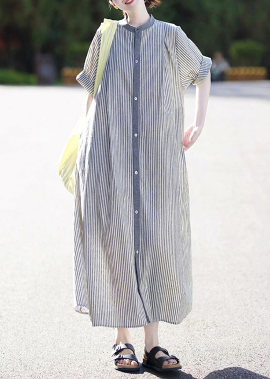 Stand Collar Button Cotton Shirts Striped Casual Dress Summer FashionChic