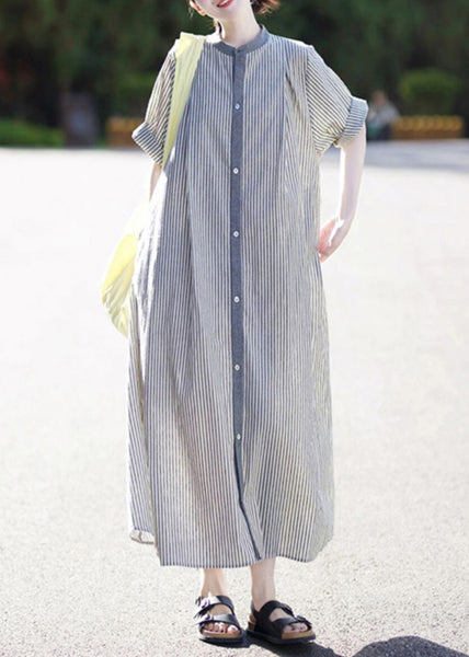 Stand Collar Button Cotton Shirts Striped Casual Dress Summer FashionChic