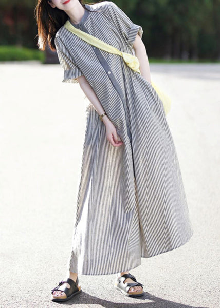 Stand Collar Button Cotton Shirts Striped Casual Dress Summer FashionChic