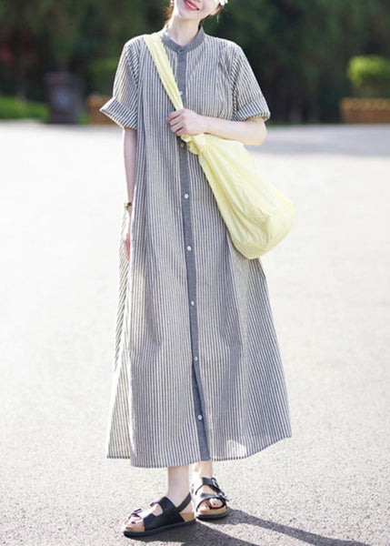 Stand Collar Button Cotton Shirts Striped Casual Dress Summer FashionChic