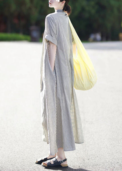 Stand Collar Button Cotton Shirts Striped Casual Dress Summer FashionChic