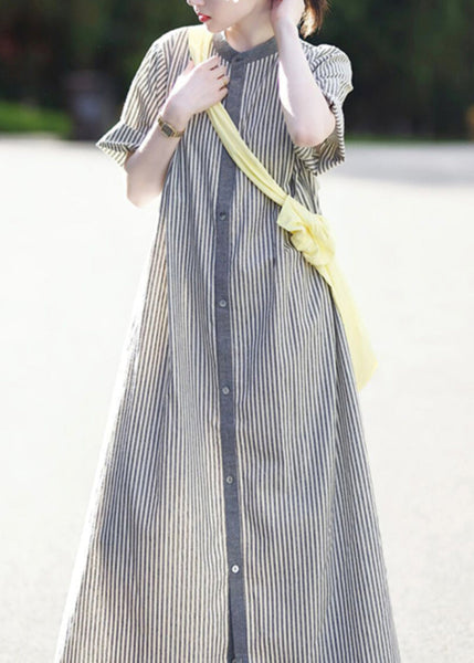Stand Collar Button Cotton Shirts Striped Casual Dress Summer FashionChic