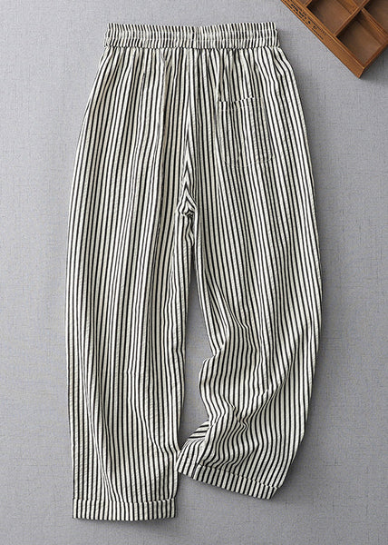 Casual Striped Lace Up Elastic Waist Cotton Crop Pants Summer GG020 MZF-CPTS240610
