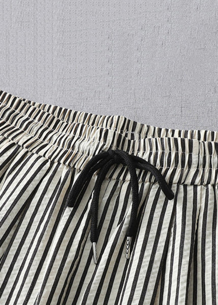 Casual Striped Lace Up Elastic Waist Cotton Crop Pants Summer GG020 MZF-CPTS240610