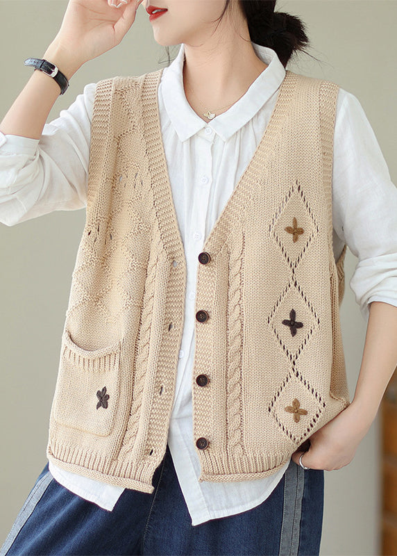 Casual Versatile Beige V Neck Embroideried Knit Vest Fall QA034 OM-ZS241009