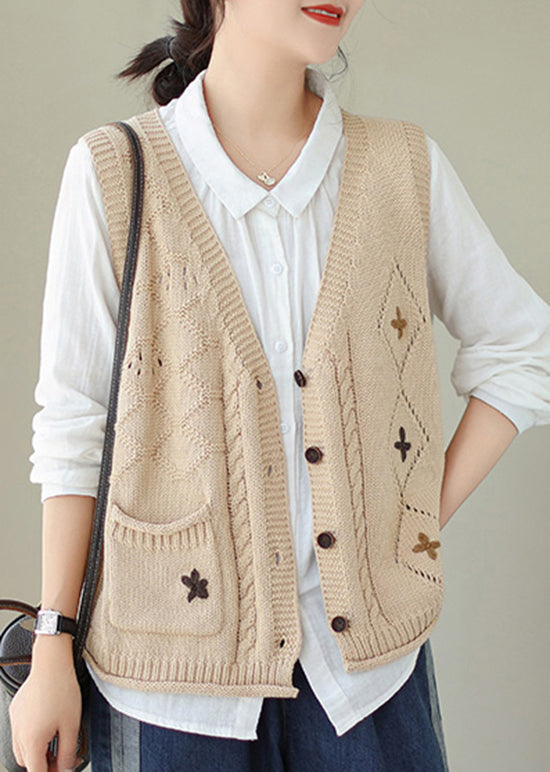 Casual Versatile Beige V Neck Embroideried Knit Vest Fall QA034 OM-ZS241009