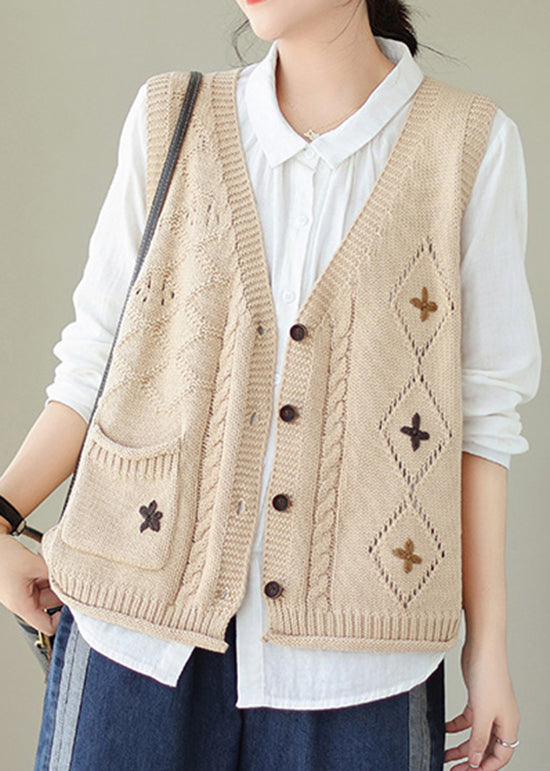 Casual Versatile Beige V Neck Embroideried Knit Vest Fall QA034 OM-ZS241009