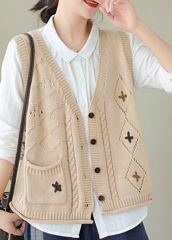 Casual Versatile Beige V Neck Embroideried Knit Vest Fall QA034 OM-ZS241009