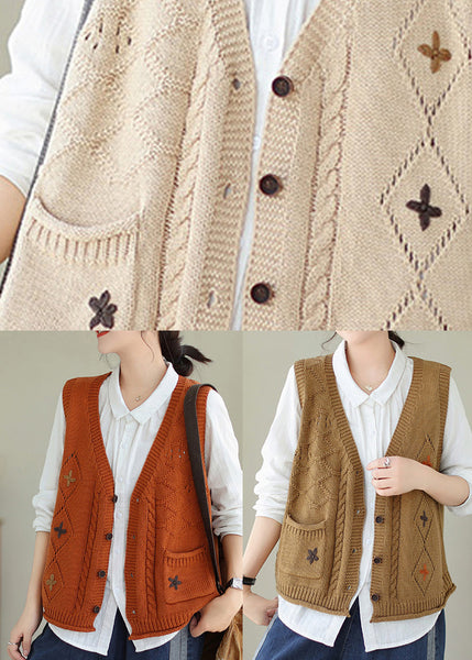 Casual Versatile Beige V Neck Embroideried Knit Vest Fall QA034 OM-ZS241009