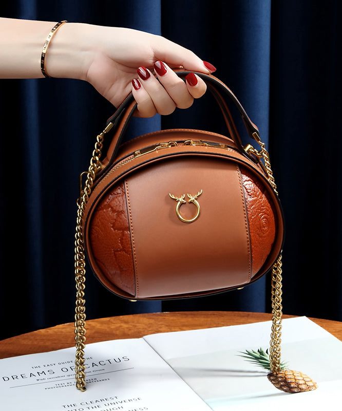 Round Leather Bag Casual Brown Calf Versatile FashionChic