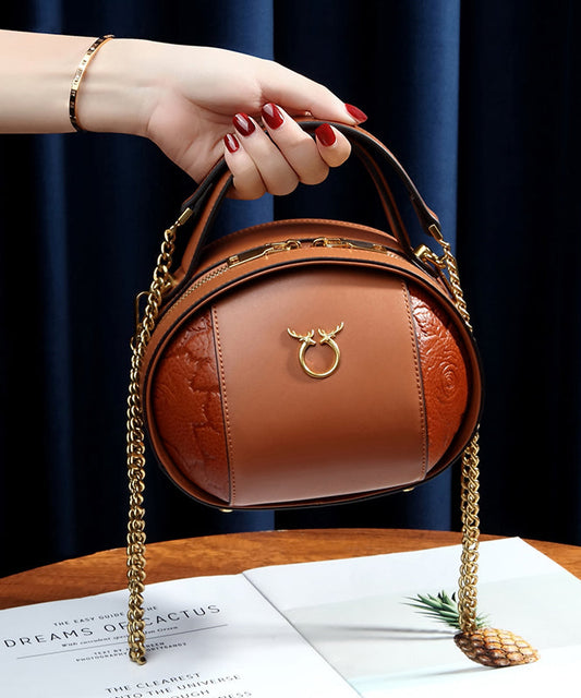Round Leather Bag Casual Brown Calf Versatile FashionChic