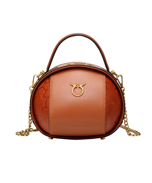 Round Leather Bag Casual Brown Calf Versatile FashionChic