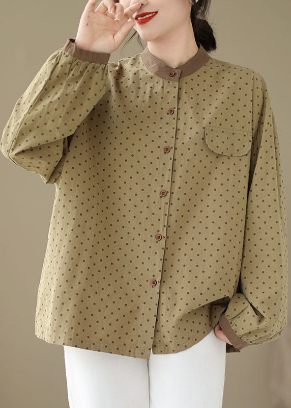 Casual Versatile Green Dot Print Plus Size Cotton Shirt Fall OO035 OM-CS240814