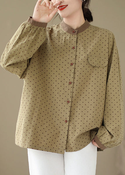 Casual Versatile Green Dot Print Plus Size Cotton Shirt Fall OO035 OM-CS240814