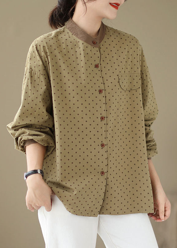 Casual Versatile Green Dot Print Plus Size Cotton Shirt Fall OO035 OM-CS240814