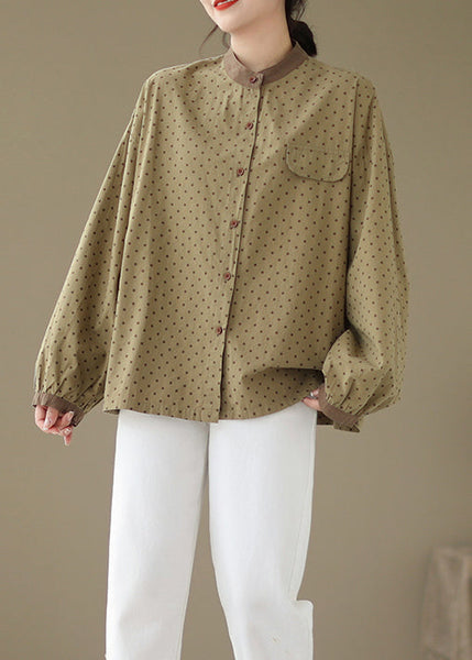 Casual Versatile Green Dot Print Plus Size Cotton Shirt Fall OO035 OM-CS240814