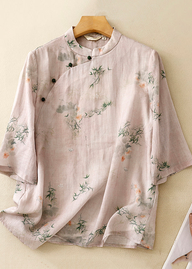 Casual Versatile Pink Stand Collar Print Cotton Shirts Summer AM1045 Genistyle Shop