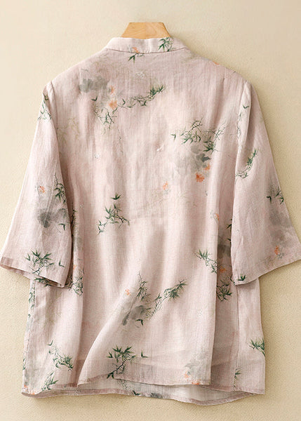 Casual Versatile Pink Stand Collar Print Cotton Shirts Summer AM1045 Genistyle Shop