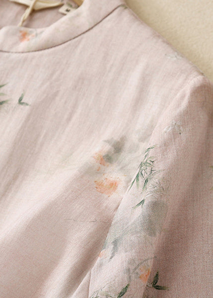 Casual Versatile Pink Stand Collar Print Cotton Shirts Summer AM1045 Genistyle Shop