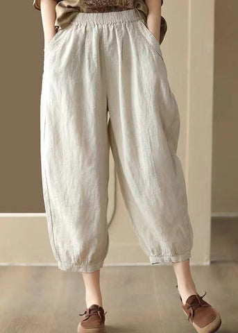 Casual Vintage Linen Color Pockets Elastic Waist Harem Pants Summer BV047 MZF-CPTS240702
