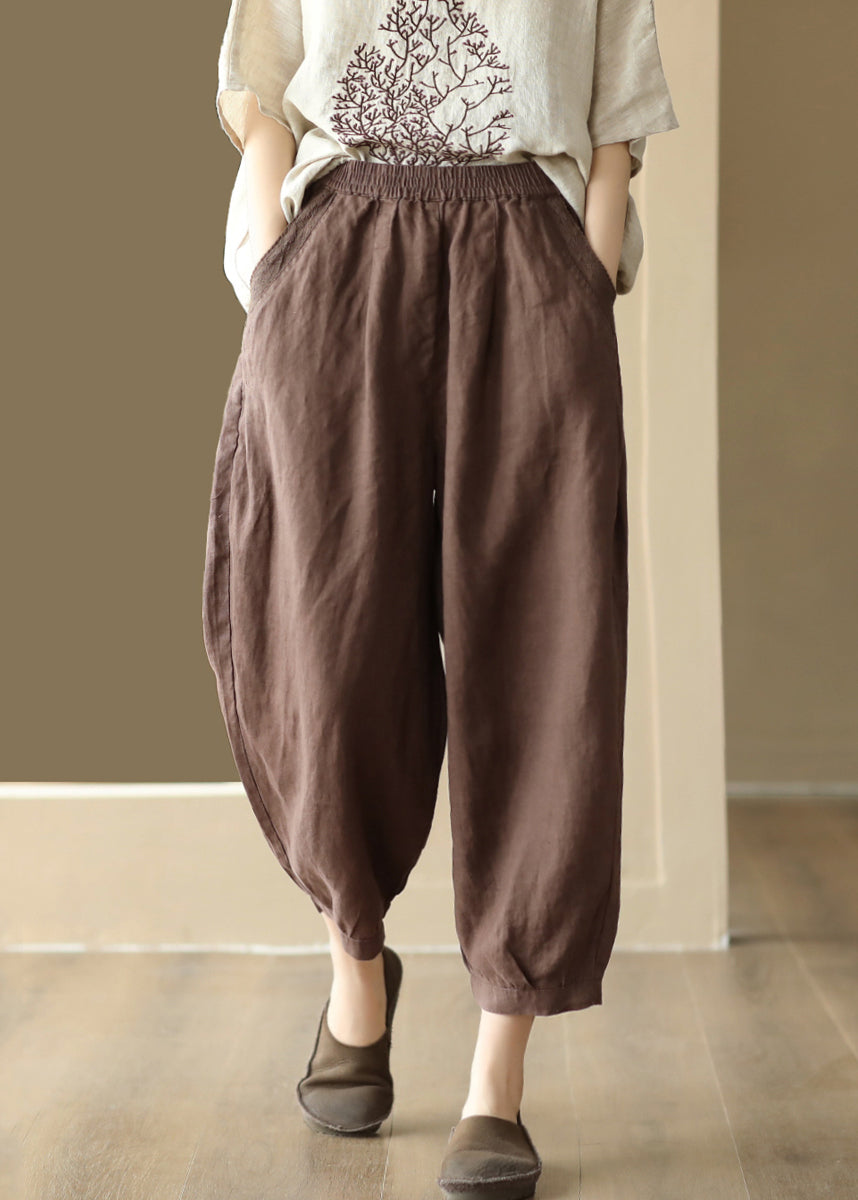 Casual Vintage Linen Color Pockets Elastic Waist Harem Pants Summer BV047 MZF-CPTS240702
