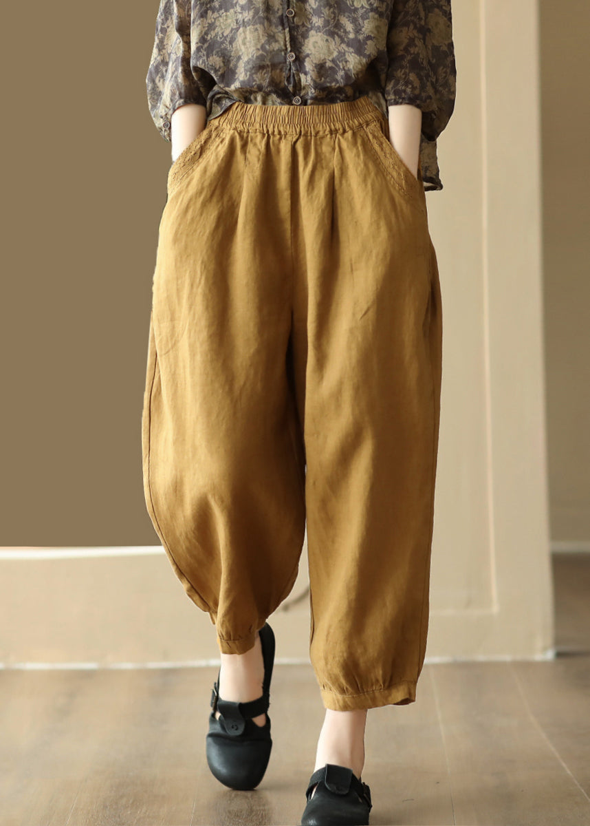 Casual Vintage Linen Color Pockets Elastic Waist Harem Pants Summer BV047 MZF-CPTS240702