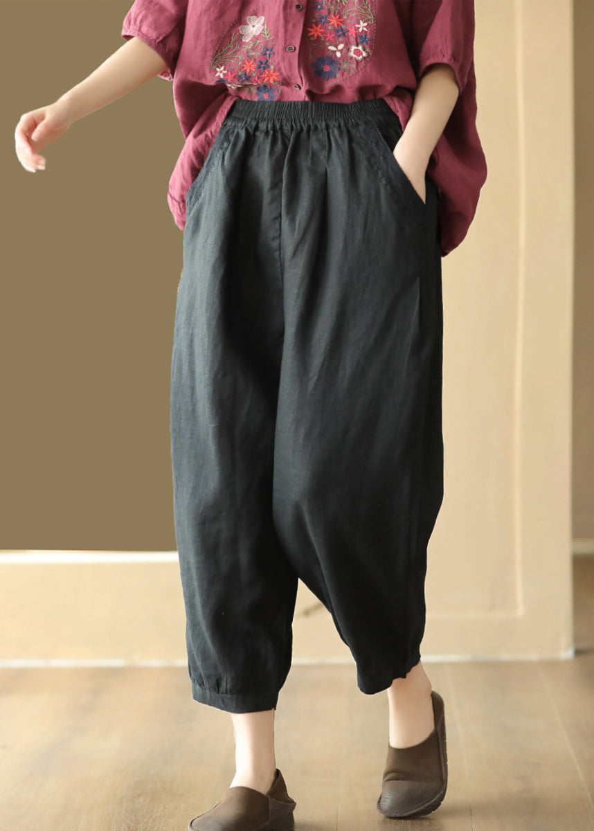 Casual Vintage Linen Color Pockets Elastic Waist Harem Pants Summer BV047 MZF-CPTS240702