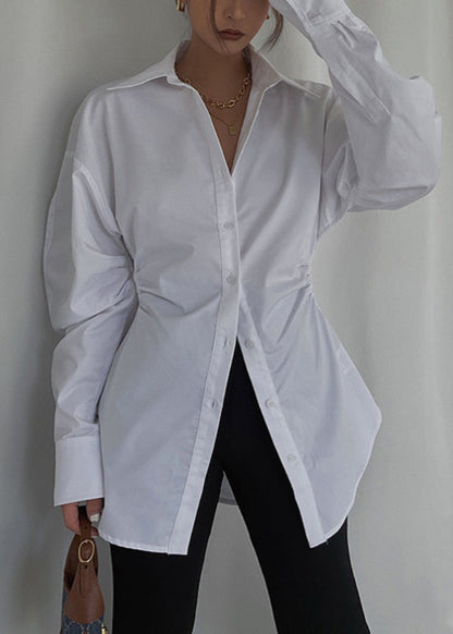 Casual White Cinched Cotton Blouse Tops Spring TZ028