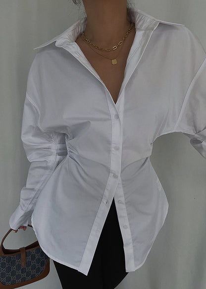 Casual White Cinched Cotton Blouse Tops Spring TZ028