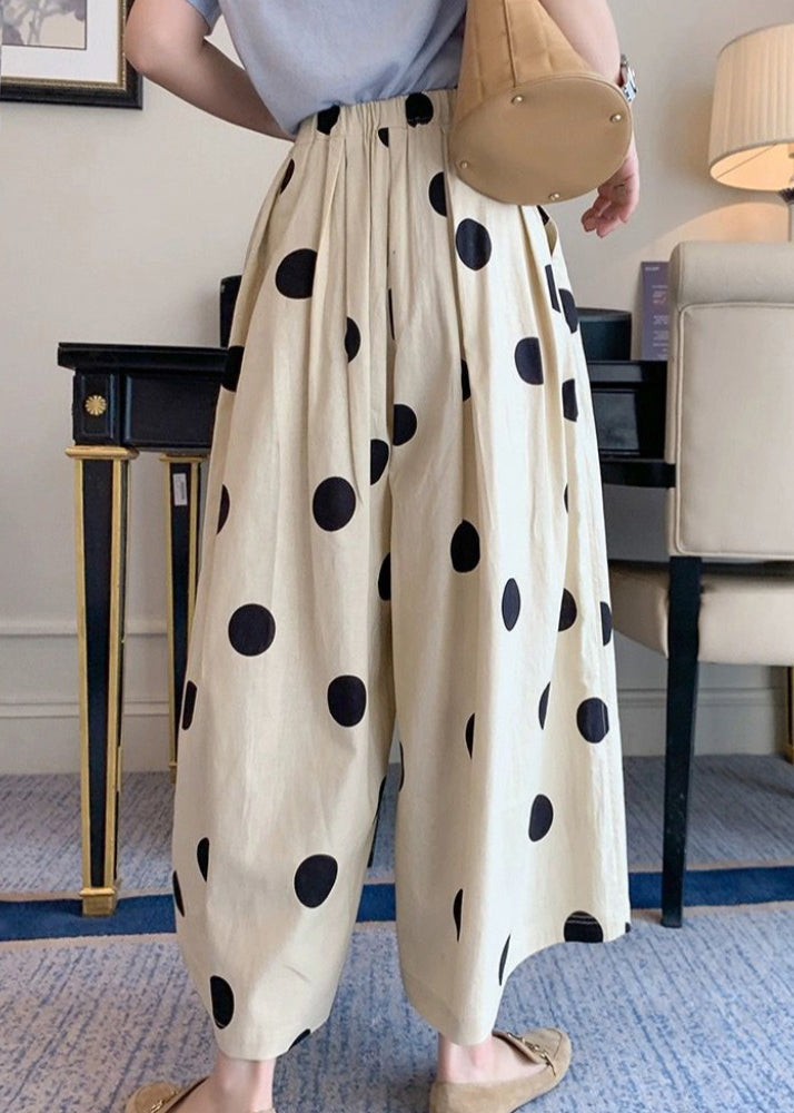 Casual White Dot Print Elastic Waist Crop Wide Leg Pants Summer TR006 MZF-CPTS240727