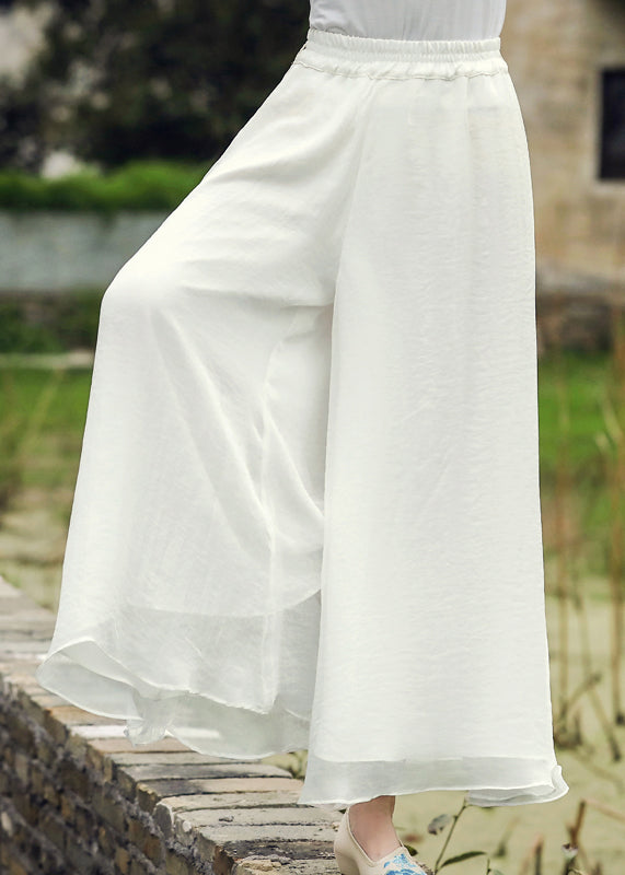 Casual White Elastic Waist Silk Wide Leg Pants Fall WP037 NZ-LPTS241107
