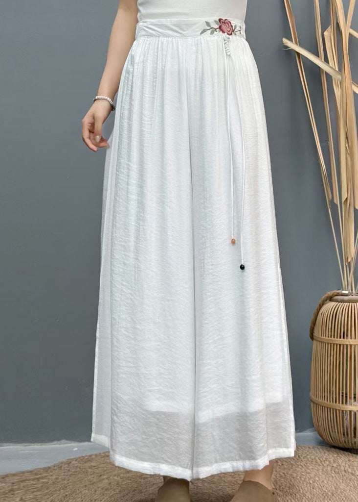 Wide Side Embroidered Summer Pants White Leg Linen Open Casual FashionChic