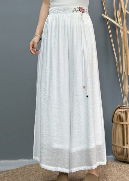 Wide Side Embroidered Summer Pants White Leg Linen Open Casual FashionChic