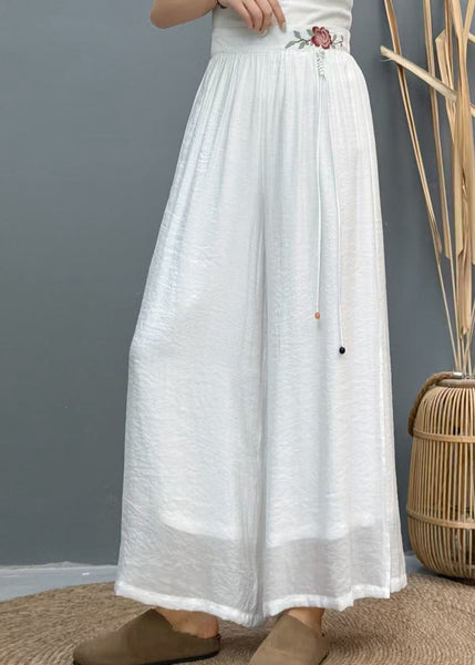 Wide Side Embroidered Summer Pants White Leg Linen Open Casual FashionChic