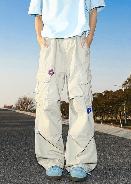 Casual Summer Pants Embroideried White Cotton Mens Pockets FashionChic