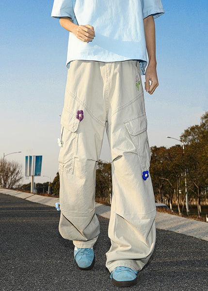 Casual Summer Pants Embroideried White Cotton Mens Pockets FashionChic