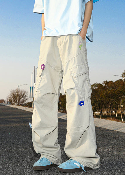 Casual Summer Pants Embroideried White Cotton Mens Pockets FashionChic