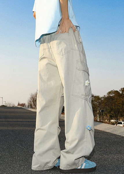 Casual Summer Pants Embroideried White Cotton Mens Pockets FashionChic