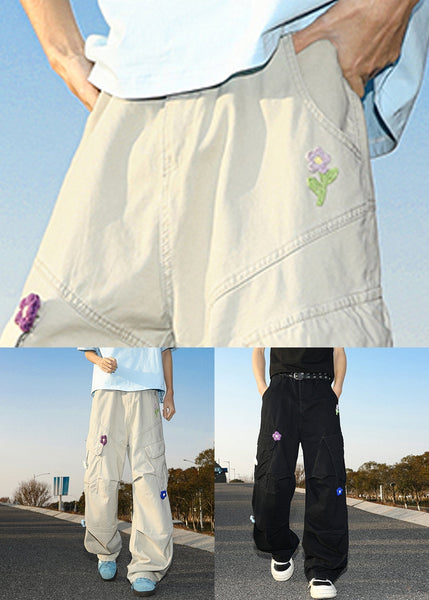 Casual Summer Pants Embroideried White Cotton Mens Pockets FashionChic
