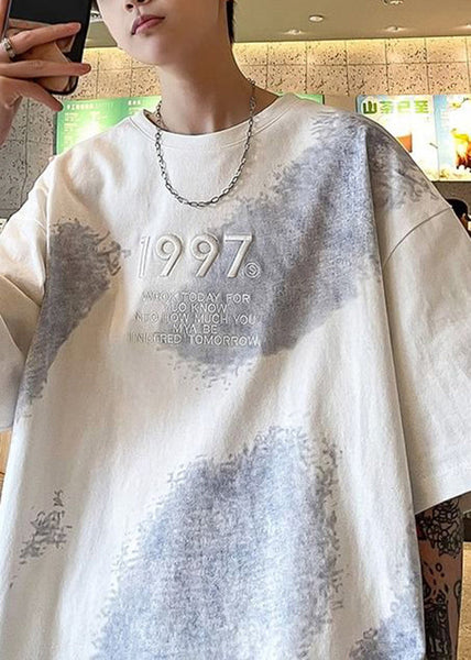 Tie Summer White T Cotton Shirt Men Casual Dye Embroideried FashionChic