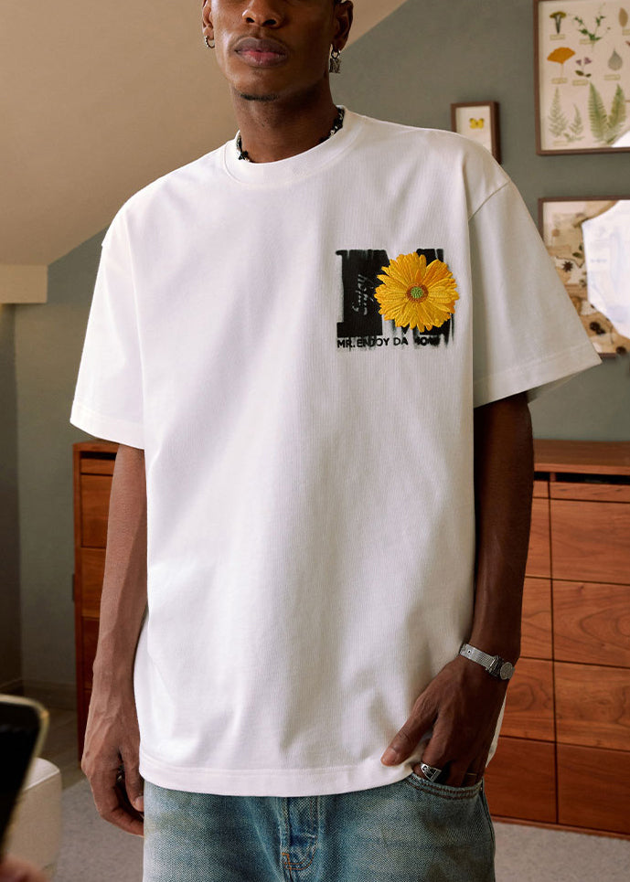 Casual White O Neck Embroideried Cozy Cotton Mens Neutral T Shirts Summer LK052 Men-Silk-MENT240630