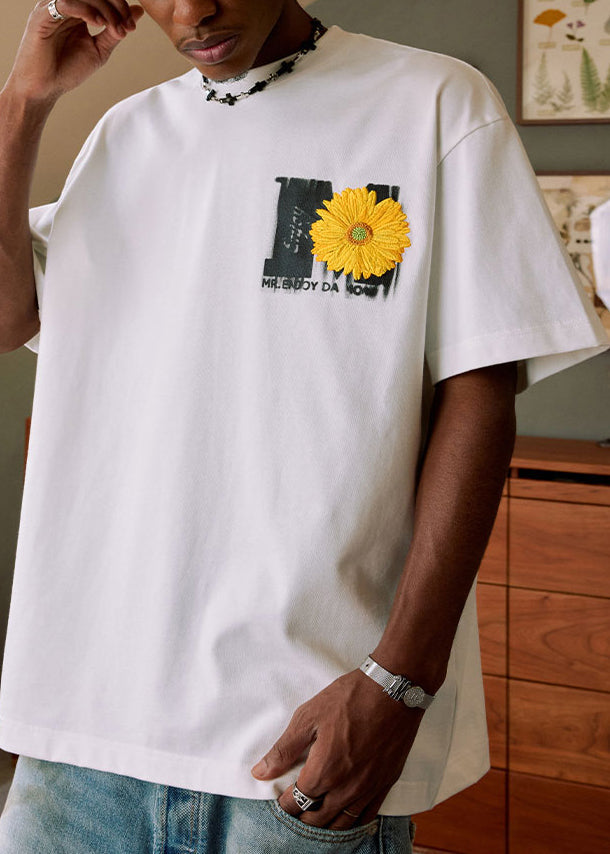 Casual White O Neck Embroideried Cozy Cotton Mens Neutral T Shirts Summer LK052 Men-Silk-MENT240630