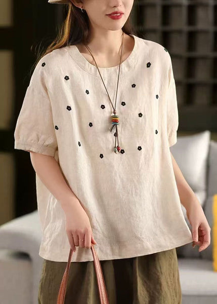 Linen Casual O-Neck Embroideried Tops Summer White FashionChic