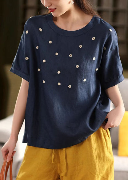 Linen Casual O-Neck Embroideried Tops Summer White FashionChic