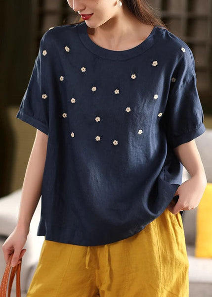 Linen Casual O-Neck Embroideried Tops Summer White FashionChic