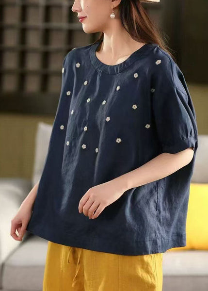 Linen Casual O-Neck Embroideried Tops Summer White FashionChic