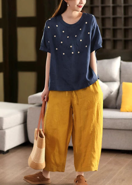 Linen Casual O-Neck Embroideried Tops Summer White FashionChic