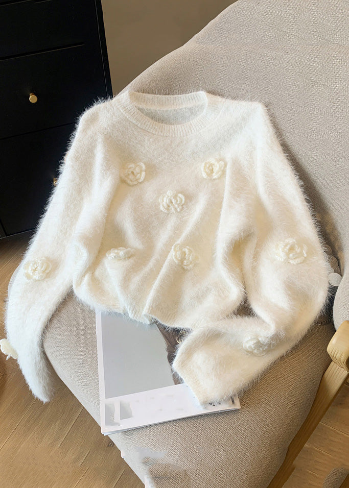 Casual White O-Neck Floral Mink Hair Knitted Sweaters Winter WR033 OL-NTP241103